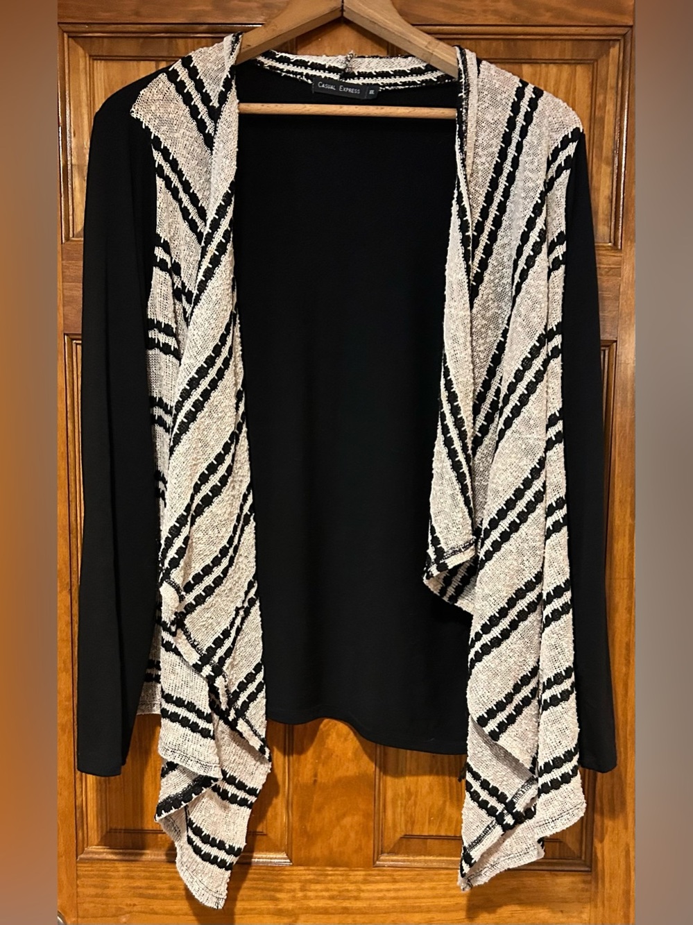 Casual Express Black Cardigan with Cream Patterned Drape